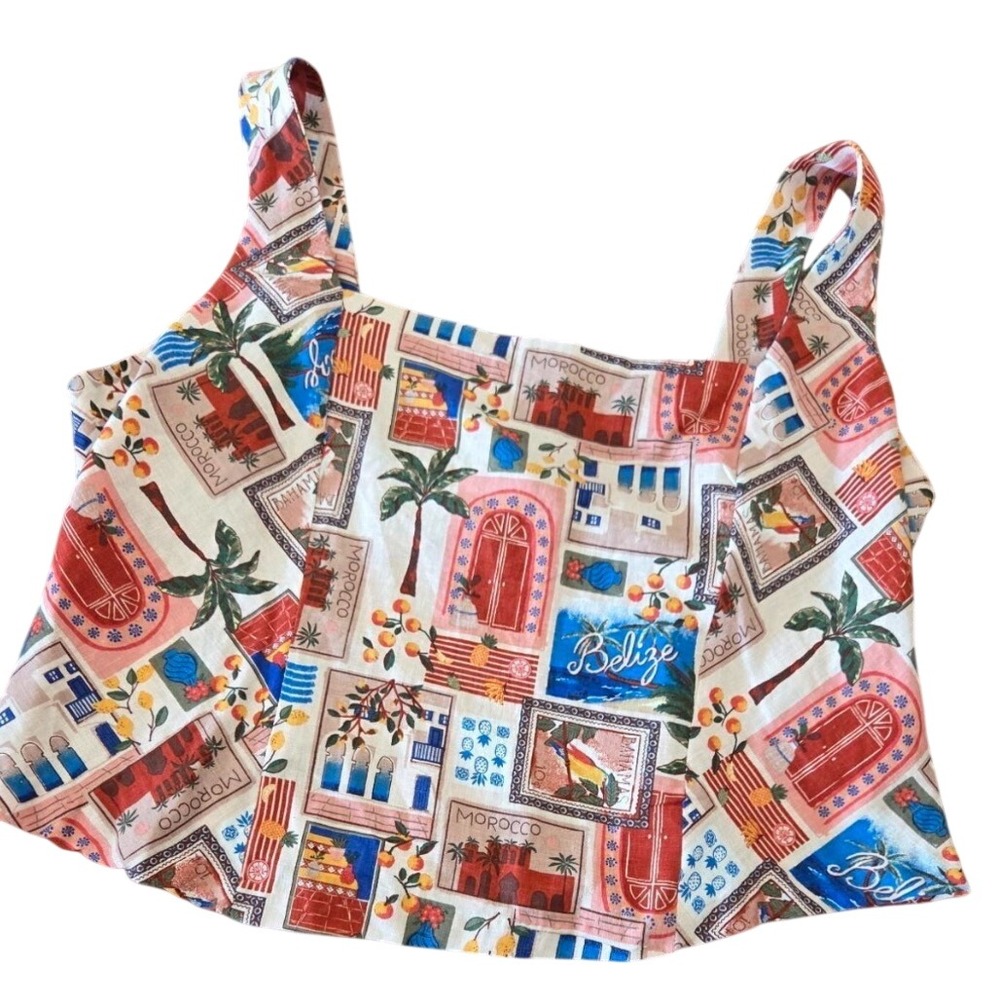 Maurices XL Travel Postcard Print Crop Top Linen Blend Smocked Belize Morocco